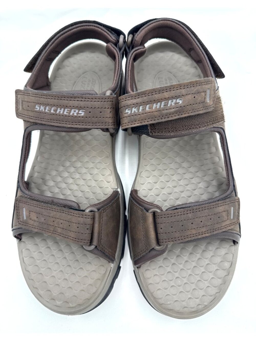 Skechers Mens Relaxed Fit Luxe Foam Sandals Chocolate Brown Adjust Straps Sz 12